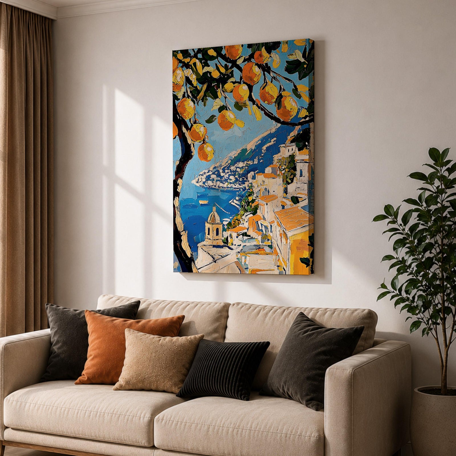 An impasto style painting of the Amalfi Coast featuring vibrant lemon tree branches in the foreground with a view of coastal buildings and the sea below, rendered with thick textured brushstrokes and rich colors emphasizing Mediterranean landscape elements.
