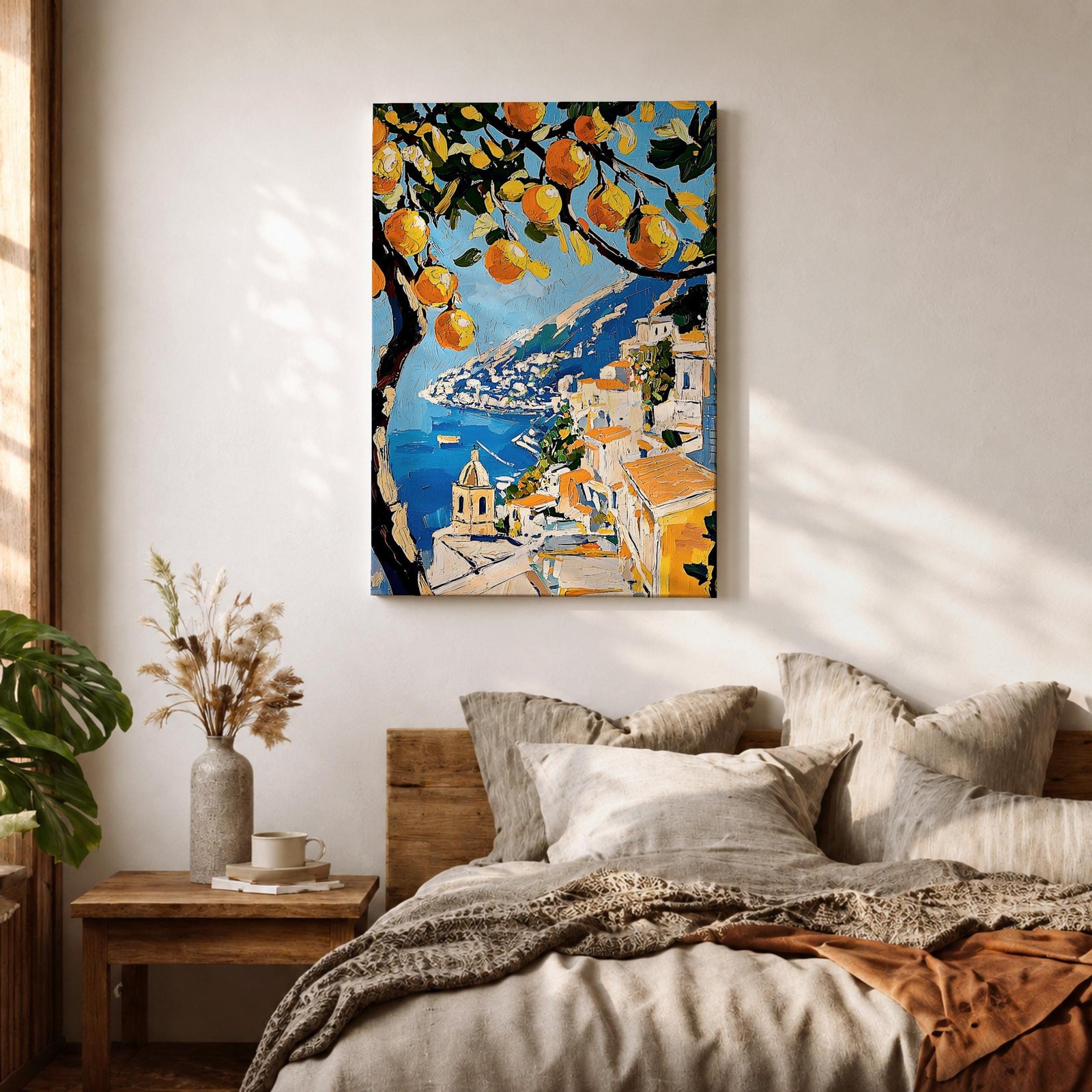 An impasto style painting of the Amalfi Coast featuring vibrant lemon tree branches in the foreground with a view of coastal buildings and the sea below, rendered with thick textured brushstrokes and rich colors emphasizing Mediterranean landscape elements.