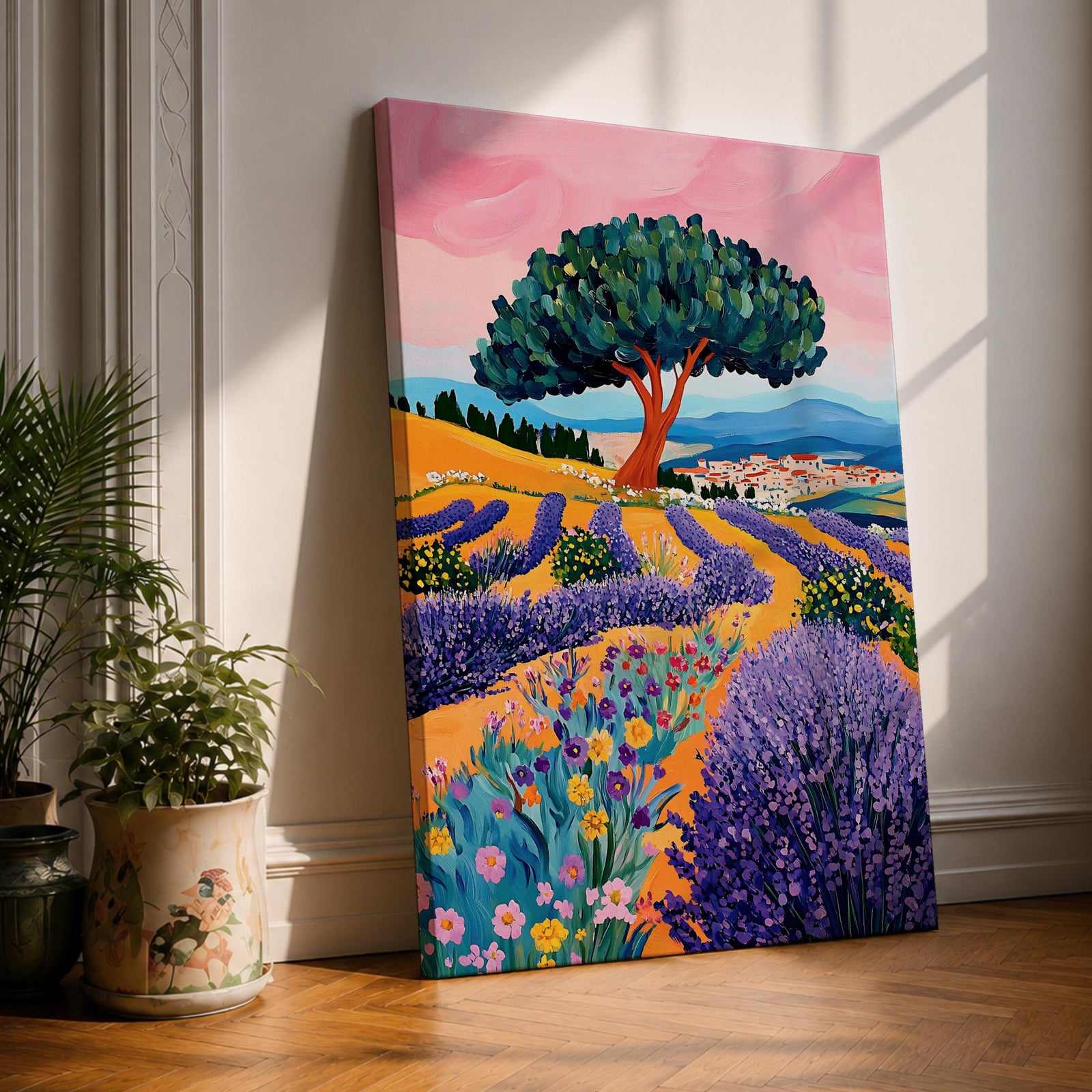A vibrant impasto painting of a lavender field featuring rows of purple lavender, colorful wildflowers, and a large tree with a distant village under a pink sky, rendered in thick textured brushstrokes capturing a cottagecore meadow landscape.