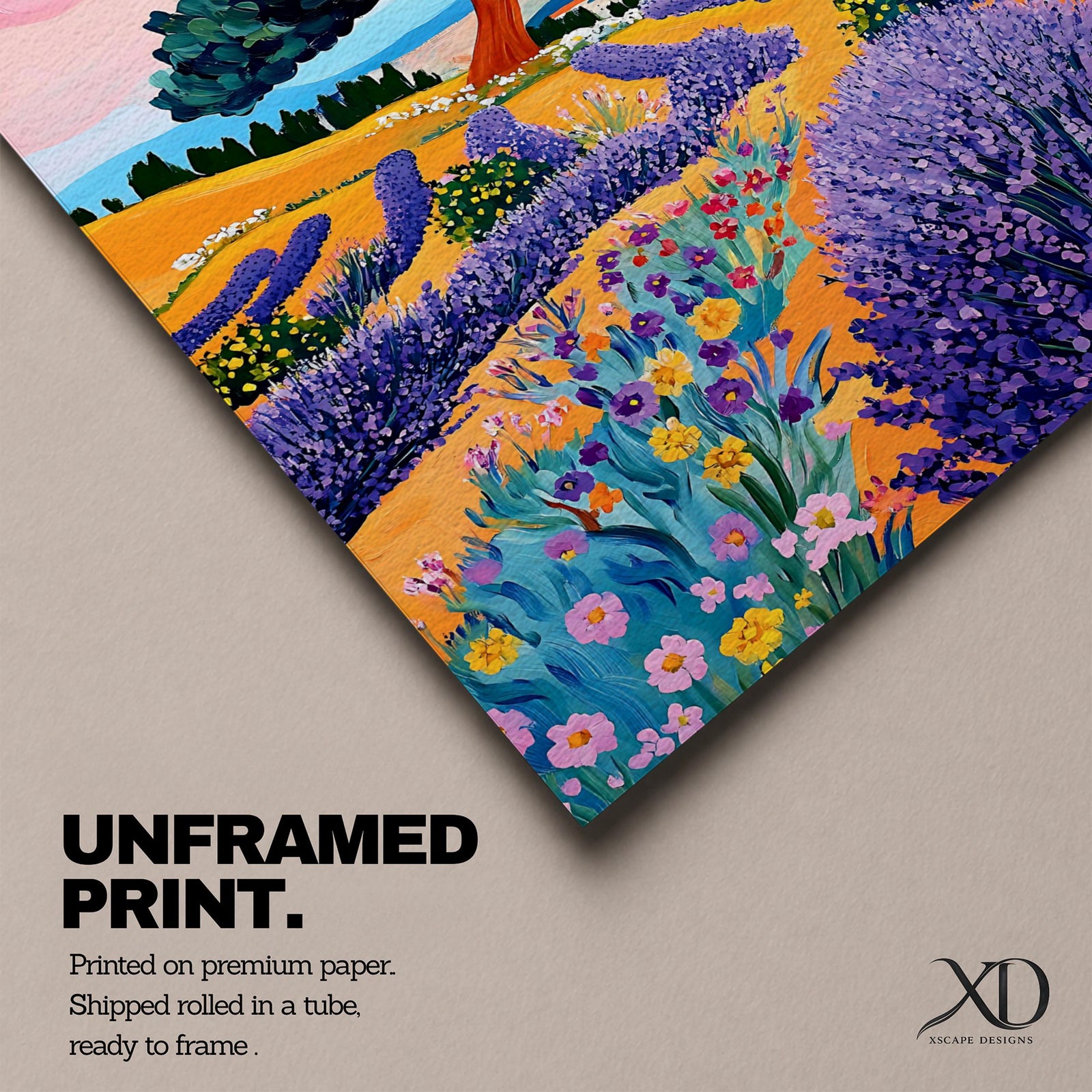 A vibrant impasto painting of a lavender field featuring rows of purple lavender, colorful wildflowers, and a large tree with a distant village under a pink sky, rendered in thick textured brushstrokes capturing a cottagecore meadow landscape.