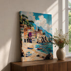 A vibrant Mediterranean seascape painting depicting colorful coastal buildings along a sandy beach with small boats floating on turquoise waters under a bright blue sky with fluffy clouds, rendered in a lively, textured style capturing the essence of a sunny seaside village.