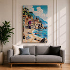 A vibrant Mediterranean seascape painting depicting colorful coastal buildings along a sandy beach with small boats floating on turquoise waters under a bright blue sky with fluffy clouds, rendered in a lively, textured style capturing the essence of a sunny seaside village.