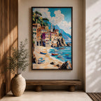 A vibrant Mediterranean seascape painting depicting colorful coastal buildings along a sandy beach with small boats floating on turquoise waters under a bright blue sky with fluffy clouds, rendered in a lively, textured style capturing the essence of a sunny seaside village.