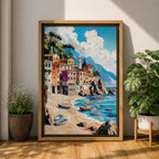 A vibrant Mediterranean seascape painting depicting colorful coastal buildings along a sandy beach with small boats floating on turquoise waters under a bright blue sky with fluffy clouds, rendered in a lively, textured style capturing the essence of a sunny seaside village.