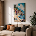 A vibrant Mediterranean seascape painting depicting colorful coastal buildings along a sandy beach with small boats floating on turquoise waters under a bright blue sky with fluffy clouds, rendered in a lively, textured style capturing the essence of a sunny seaside village.