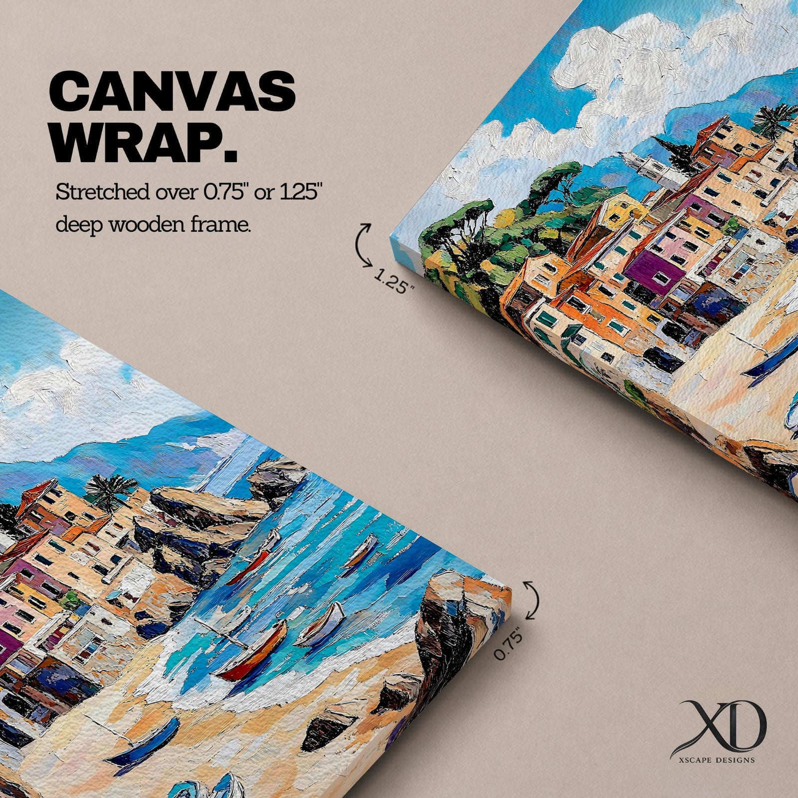 A vibrant Mediterranean seascape painting depicting colorful coastal buildings along a sandy beach with small boats floating on turquoise waters under a bright blue sky with fluffy clouds, rendered in a lively, textured style capturing the essence of a sunny seaside village.