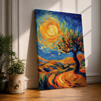 A vibrant impasto painting featuring a swirling sun and a stylized tree set against rolling hills. The thick brushstrokes create dynamic movement in the sky and landscape, emphasizing texture and color contrast in a lively, expressive landscape composition.
