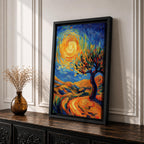 A vibrant impasto painting featuring a swirling sun and a stylized tree set against rolling hills. The thick brushstrokes create dynamic movement in the sky and landscape, emphasizing texture and color contrast in a lively, expressive landscape composition.