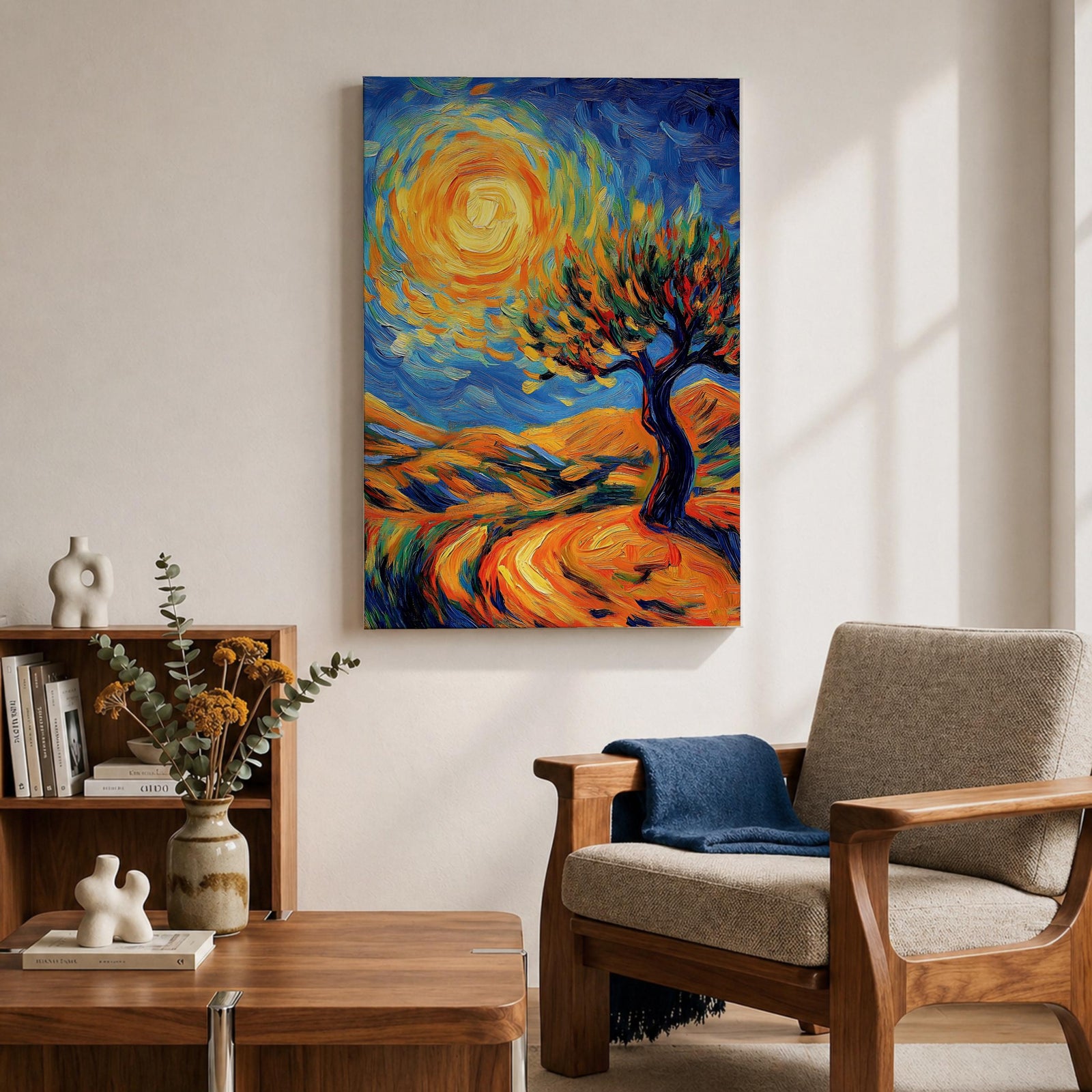 A vibrant impasto painting featuring a swirling sun and a stylized tree set against rolling hills. The thick brushstrokes create dynamic movement in the sky and landscape, emphasizing texture and color contrast in a lively, expressive landscape composition.