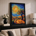 A vibrant impasto painting featuring a swirling sun and a stylized tree set against rolling hills. The thick brushstrokes create dynamic movement in the sky and landscape, emphasizing texture and color contrast in a lively, expressive landscape composition.