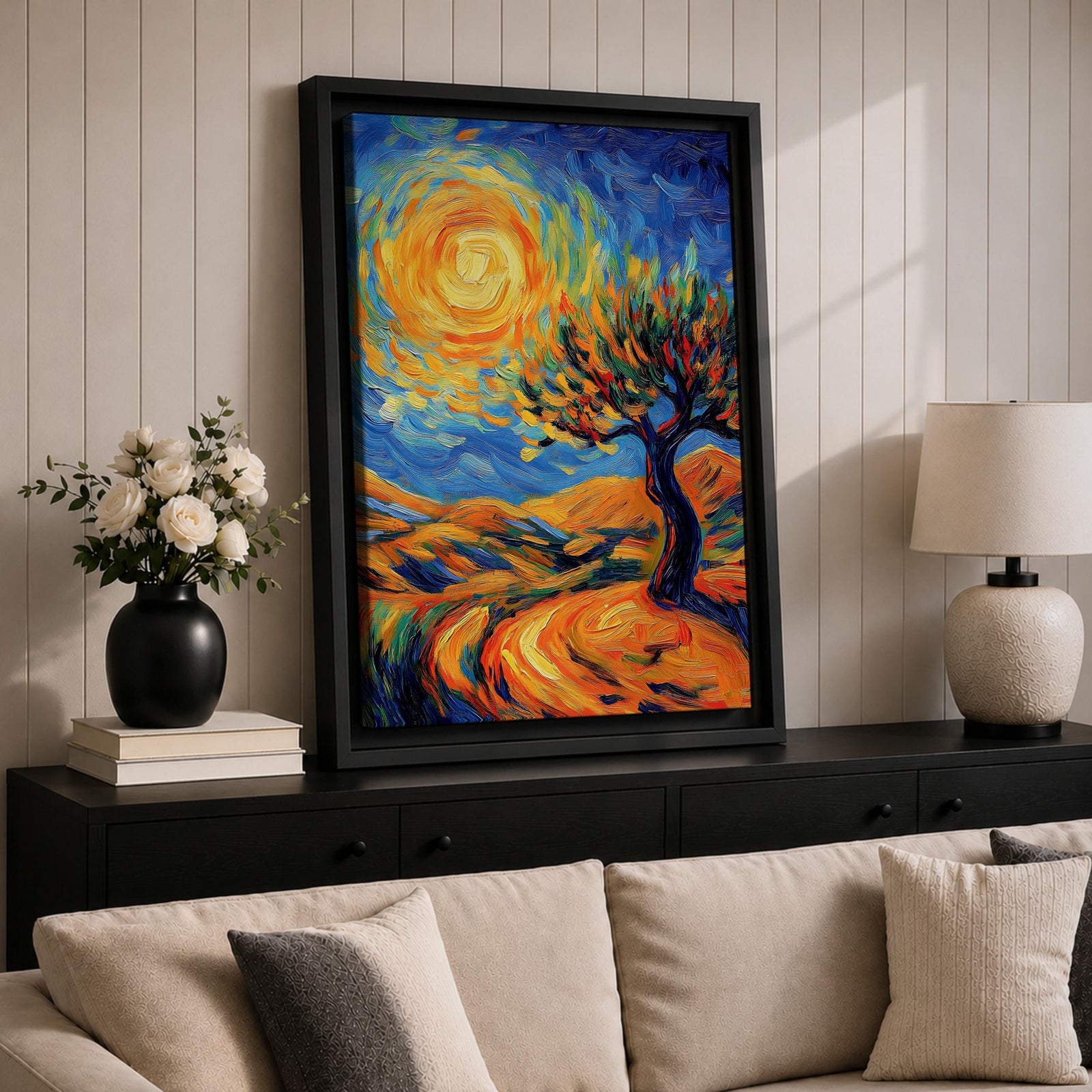 A vibrant impasto painting featuring a swirling sun and a stylized tree set against rolling hills. The thick brushstrokes create dynamic movement in the sky and landscape, emphasizing texture and color contrast in a lively, expressive landscape composition.