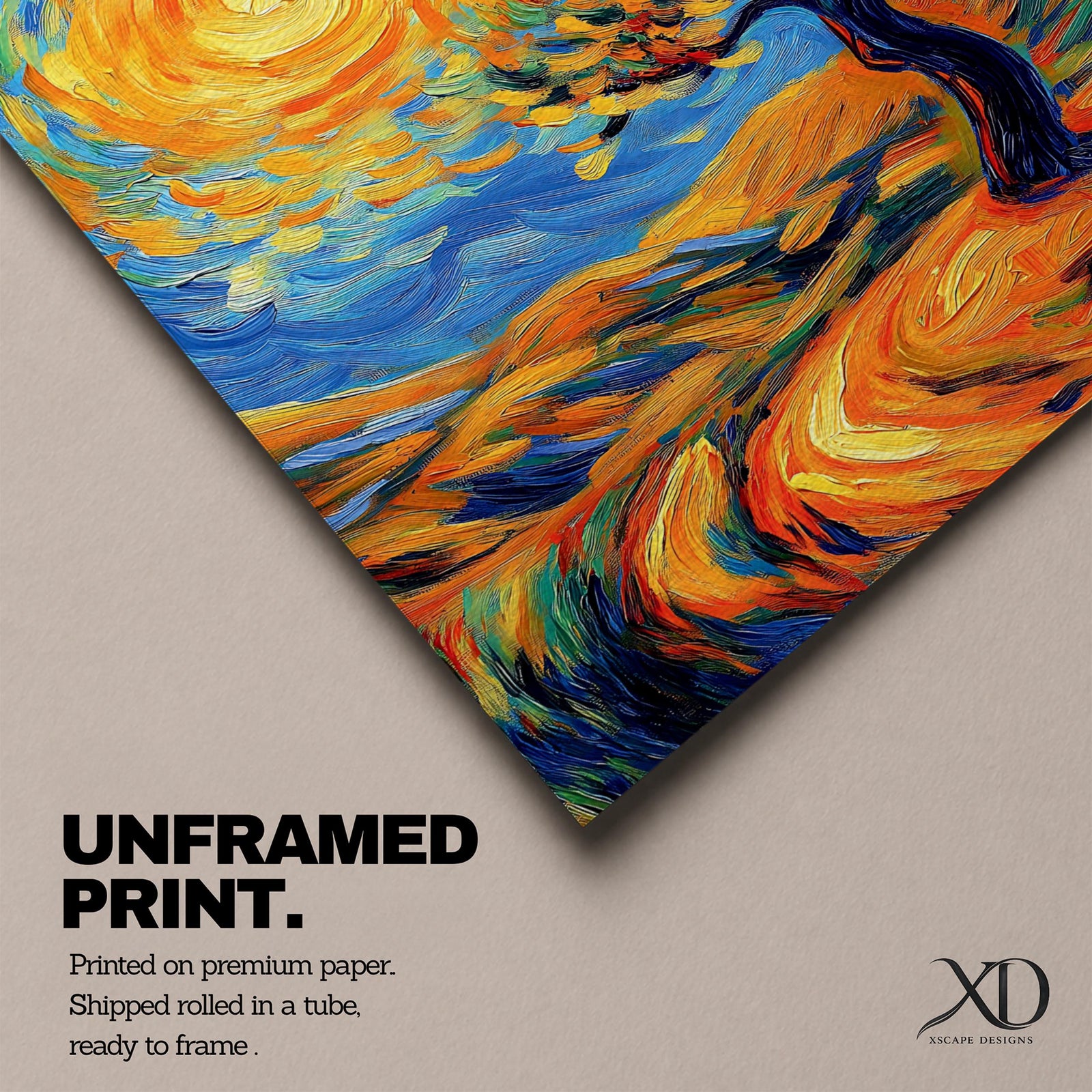 A vibrant impasto painting featuring a swirling sun and a stylized tree set against rolling hills. The thick brushstrokes create dynamic movement in the sky and landscape, emphasizing texture and color contrast in a lively, expressive landscape composition.
