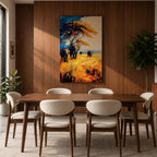 A vibrant impasto painting featuring a group of African elephants walking through tall golden grass under a large tree with colorful foliage. The textured brushstrokes emphasize the wildlife subject in a bold and dynamic style with rich blues, oranges, and yellows creating a striking natural scene.