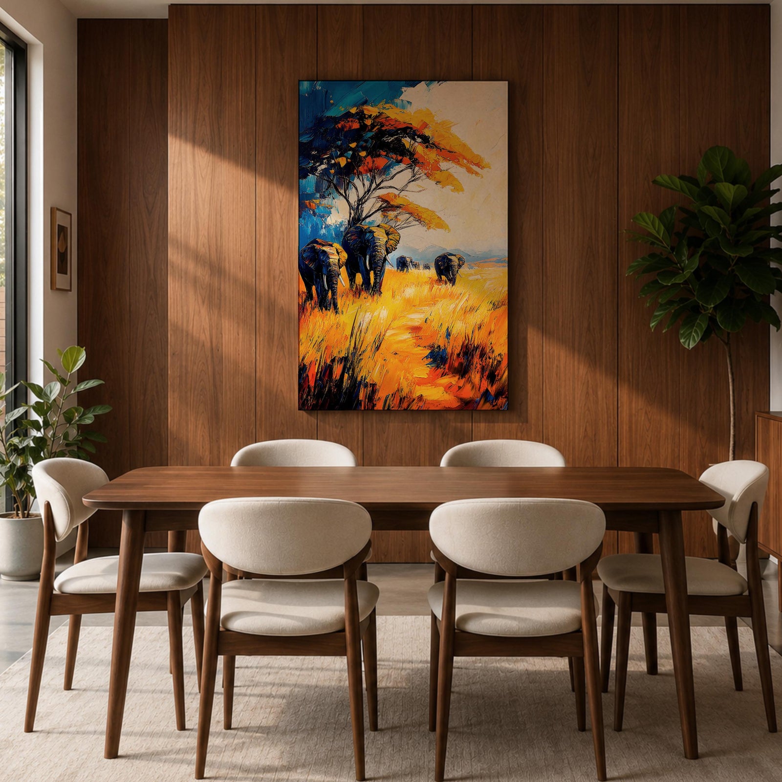 A vibrant impasto painting featuring a group of African elephants walking through tall golden grass under a large tree with colorful foliage. The textured brushstrokes emphasize the wildlife subject in a bold and dynamic style with rich blues, oranges, and yellows creating a striking natural scene.
