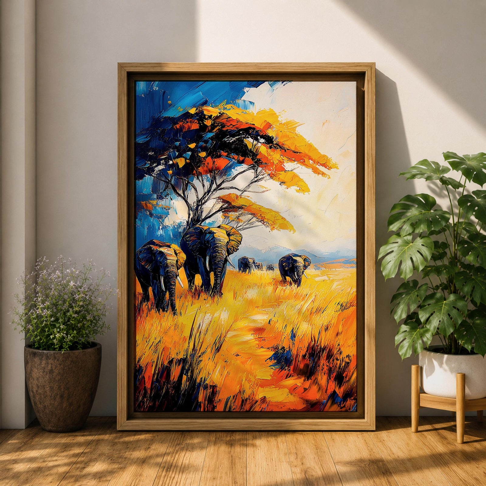 A vibrant impasto painting featuring a group of African elephants walking through tall golden grass under a large tree with colorful foliage. The textured brushstrokes emphasize the wildlife subject in a bold and dynamic style with rich blues, oranges, and yellows creating a striking natural scene.