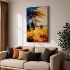 A vibrant impasto painting featuring a group of African elephants walking through tall golden grass under a large tree with colorful foliage. The textured brushstrokes emphasize the wildlife subject in a bold and dynamic style with rich blues, oranges, and yellows creating a striking natural scene.