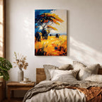 A vibrant impasto painting featuring a group of African elephants walking through tall golden grass under a large tree with colorful foliage. The textured brushstrokes emphasize the wildlife subject in a bold and dynamic style with rich blues, oranges, and yellows creating a striking natural scene.