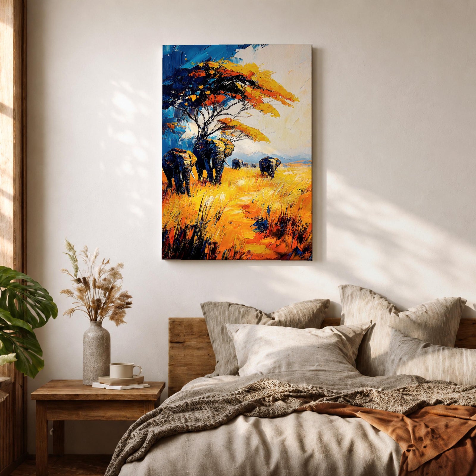 A vibrant impasto painting featuring a group of African elephants walking through tall golden grass under a large tree with colorful foliage. The textured brushstrokes emphasize the wildlife subject in a bold and dynamic style with rich blues, oranges, and yellows creating a striking natural scene.