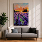 A vibrant impasto painting of a lavender field at sunset featuring thick textured brushstrokes in purple and green rows leading toward dark silhouetted trees under a colorful orange and pink sky, capturing a rustic landscape scene with expressive, bold strokes.