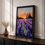 A vibrant impasto painting of a lavender field at sunset featuring thick textured brushstrokes in purple and green rows leading toward dark silhouetted trees under a colorful orange and pink sky, capturing a rustic landscape scene with expressive, bold strokes.