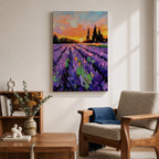 A vibrant impasto painting of a lavender field at sunset featuring thick textured brushstrokes in purple and green rows leading toward dark silhouetted trees under a colorful orange and pink sky, capturing a rustic landscape scene with expressive, bold strokes.