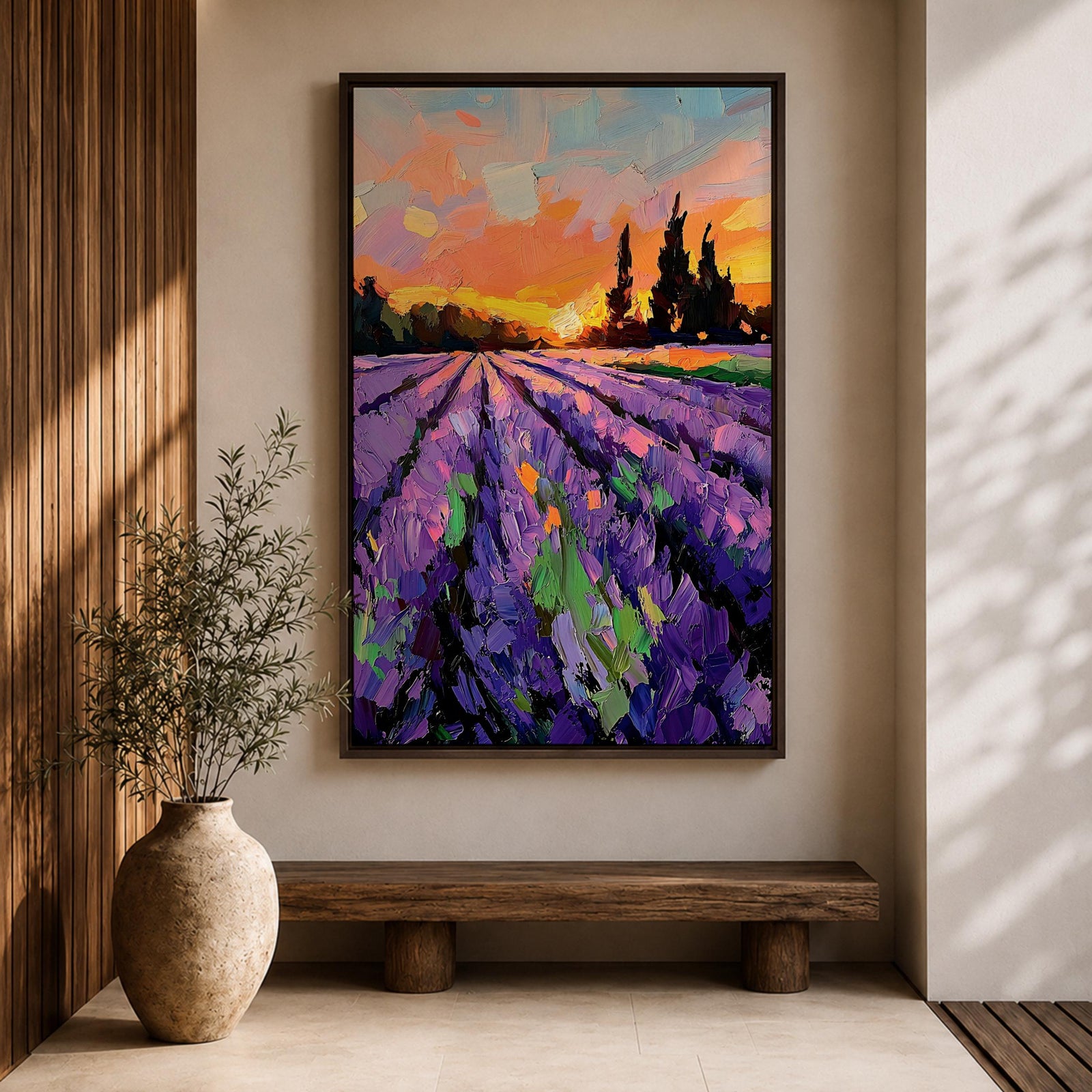 A vibrant impasto painting of a lavender field at sunset featuring thick textured brushstrokes in purple and green rows leading toward dark silhouetted trees under a colorful orange and pink sky, capturing a rustic landscape scene with expressive, bold strokes.