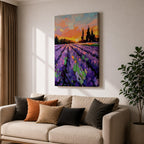 A vibrant impasto painting of a lavender field at sunset featuring thick textured brushstrokes in purple and green rows leading toward dark silhouetted trees under a colorful orange and pink sky, capturing a rustic landscape scene with expressive, bold strokes.