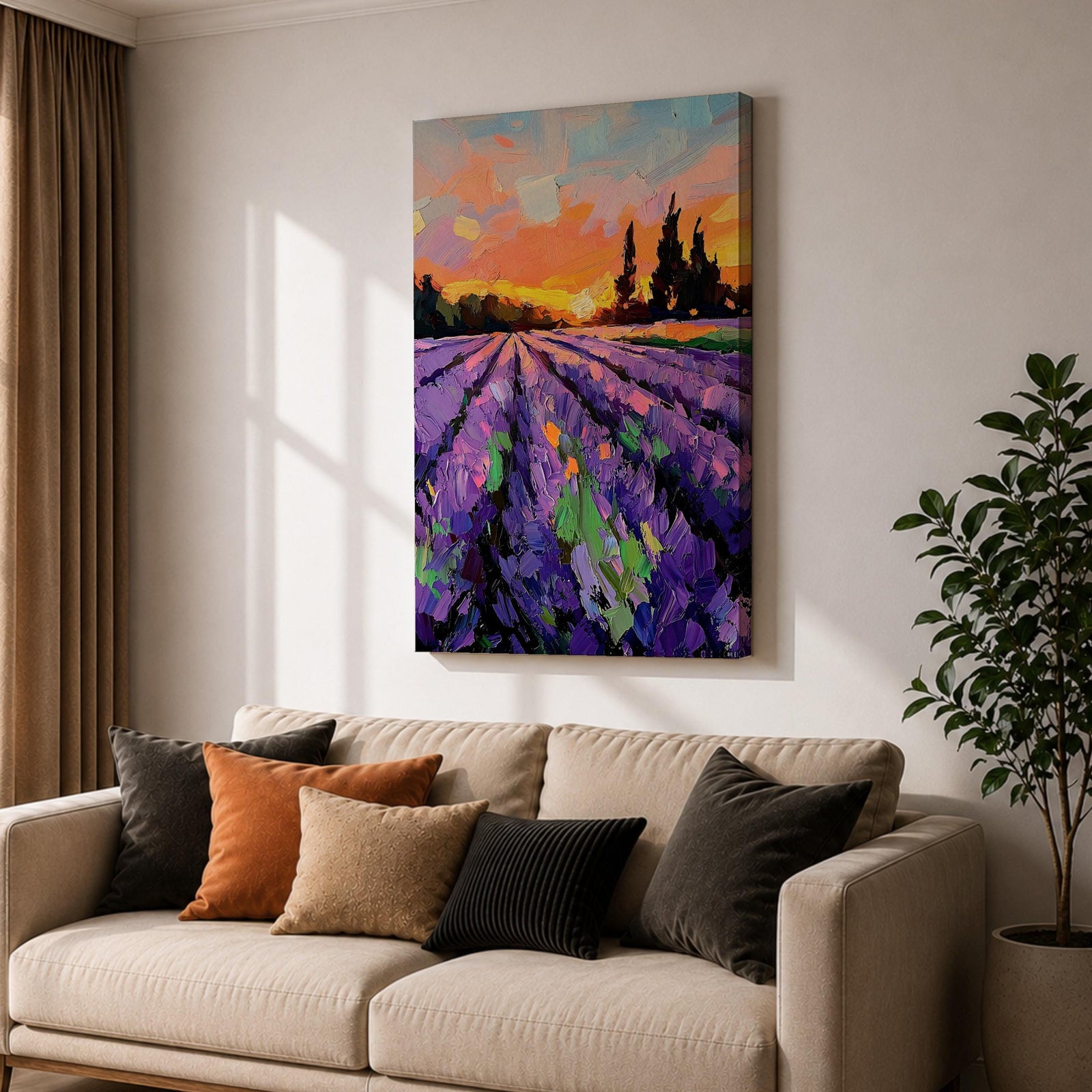 A vibrant impasto painting of a lavender field at sunset featuring thick textured brushstrokes in purple and green rows leading toward dark silhouetted trees under a colorful orange and pink sky, capturing a rustic landscape scene with expressive, bold strokes.