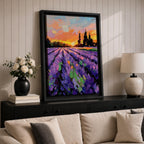 A vibrant impasto painting of a lavender field at sunset featuring thick textured brushstrokes in purple and green rows leading toward dark silhouetted trees under a colorful orange and pink sky, capturing a rustic landscape scene with expressive, bold strokes.
