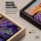 A vibrant impasto painting of a lavender field at sunset featuring thick textured brushstrokes in purple and green rows leading toward dark silhouetted trees under a colorful orange and pink sky, capturing a rustic landscape scene with expressive, bold strokes.