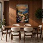 An impasto style framed canvas painting depicting a coastal sunset path bordered by vibrant wildflowers leading to a calm sea with distant mountains under a colorful sky. The textured brush strokes emphasize the natural landscape and seaside atmosphere.