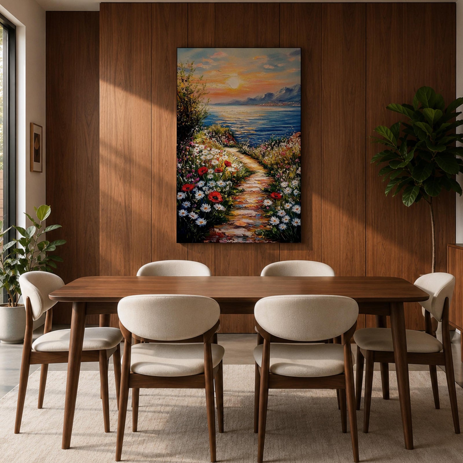 An impasto style framed canvas painting depicting a coastal sunset path bordered by vibrant wildflowers leading to a calm sea with distant mountains under a colorful sky. The textured brush strokes emphasize the natural landscape and seaside atmosphere.