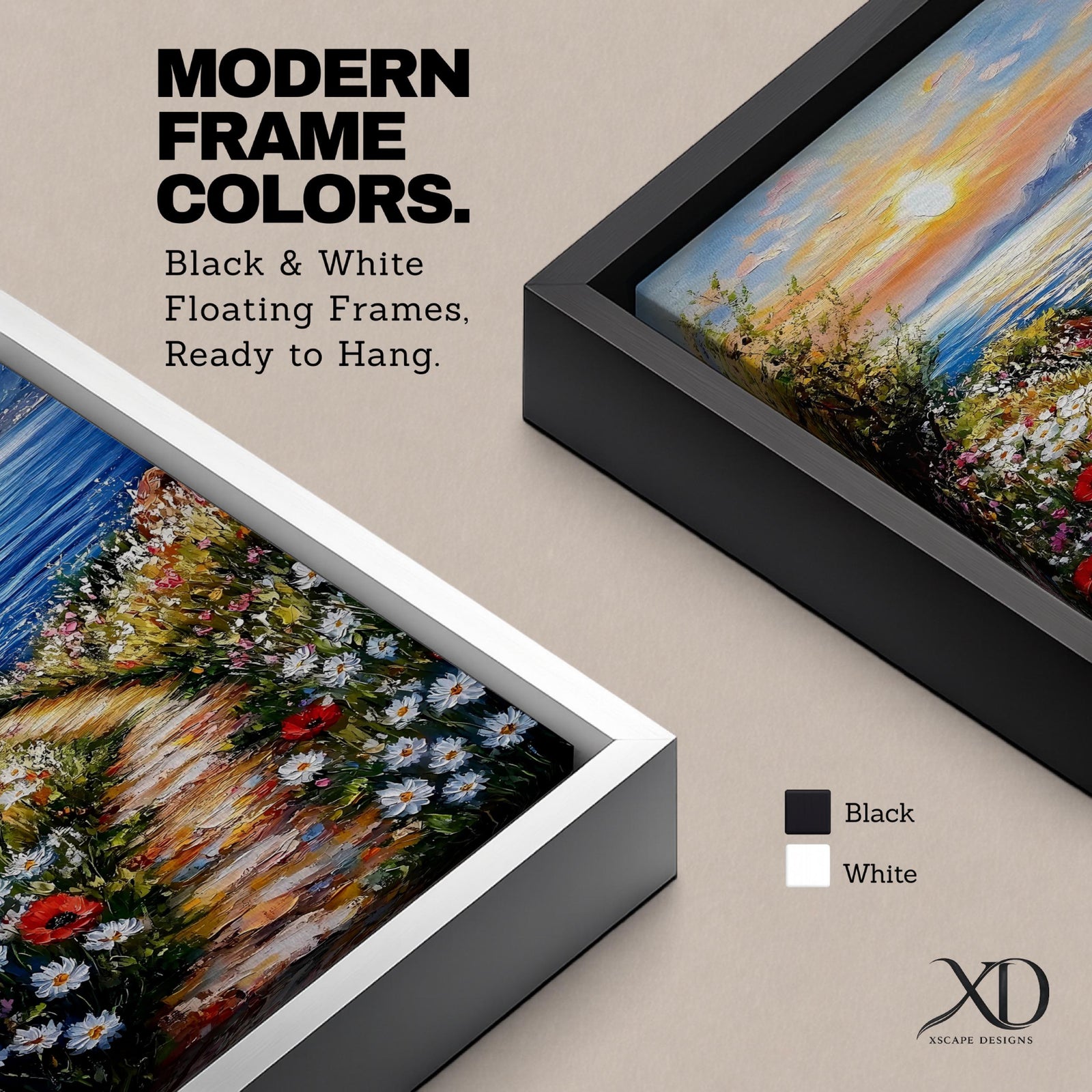 An impasto style framed canvas painting depicting a coastal sunset path bordered by vibrant wildflowers leading to a calm sea with distant mountains under a colorful sky. The textured brush strokes emphasize the natural landscape and seaside atmosphere.