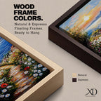 An impasto style framed canvas painting depicting a coastal sunset path bordered by vibrant wildflowers leading to a calm sea with distant mountains under a colorful sky. The textured brush strokes emphasize the natural landscape and seaside atmosphere.