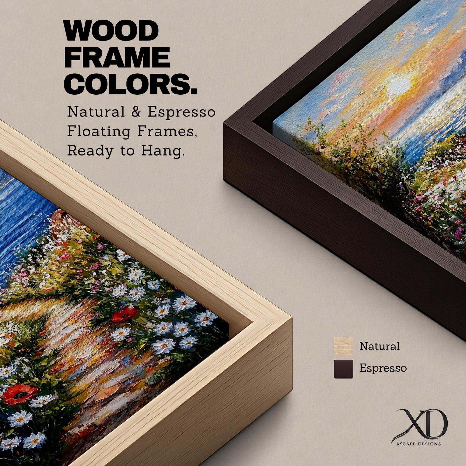 An impasto style framed canvas painting depicting a coastal sunset path bordered by vibrant wildflowers leading to a calm sea with distant mountains under a colorful sky. The textured brush strokes emphasize the natural landscape and seaside atmosphere.