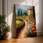An impasto style painting depicting a winding path through a vibrant Italian countryside filled with tall cypress trees, colorful flowers, and a rustic villa with a terracotta roof, rendered with thick textured brushstrokes that emphasize the rich landscape and natural beauty.