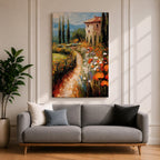 An impasto style painting depicting a winding path through a vibrant Italian countryside filled with tall cypress trees, colorful flowers, and a rustic villa with a terracotta roof, rendered with thick textured brushstrokes that emphasize the rich landscape and natural beauty.