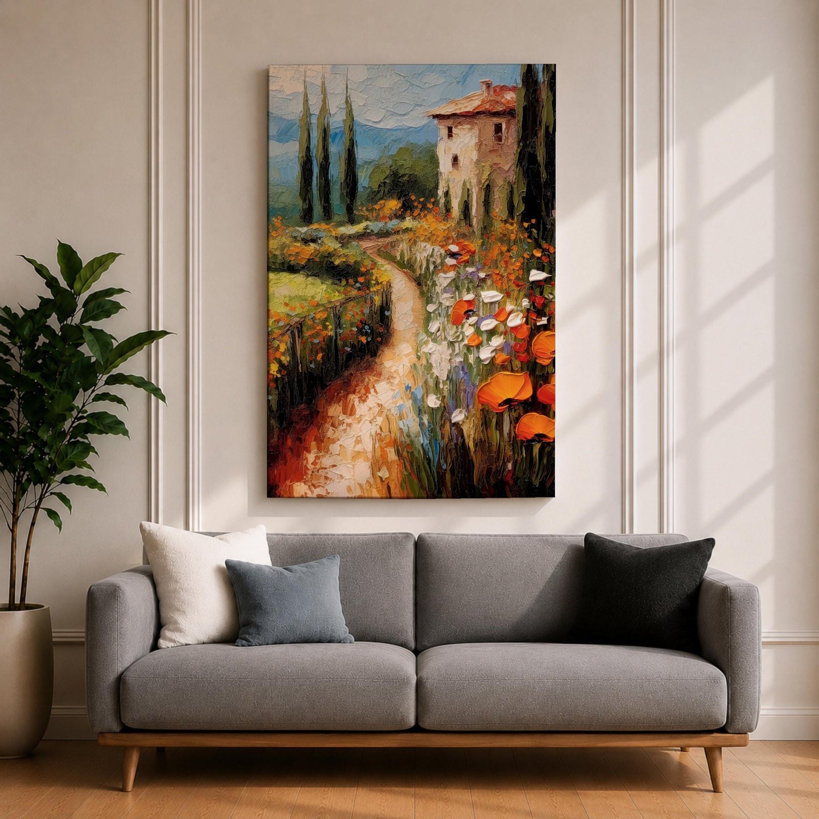 An impasto style painting depicting a winding path through a vibrant Italian countryside filled with tall cypress trees, colorful flowers, and a rustic villa with a terracotta roof, rendered with thick textured brushstrokes that emphasize the rich landscape and natural beauty.