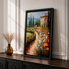 An impasto style painting depicting a winding path through a vibrant Italian countryside filled with tall cypress trees, colorful flowers, and a rustic villa with a terracotta roof, rendered with thick textured brushstrokes that emphasize the rich landscape and natural beauty.
