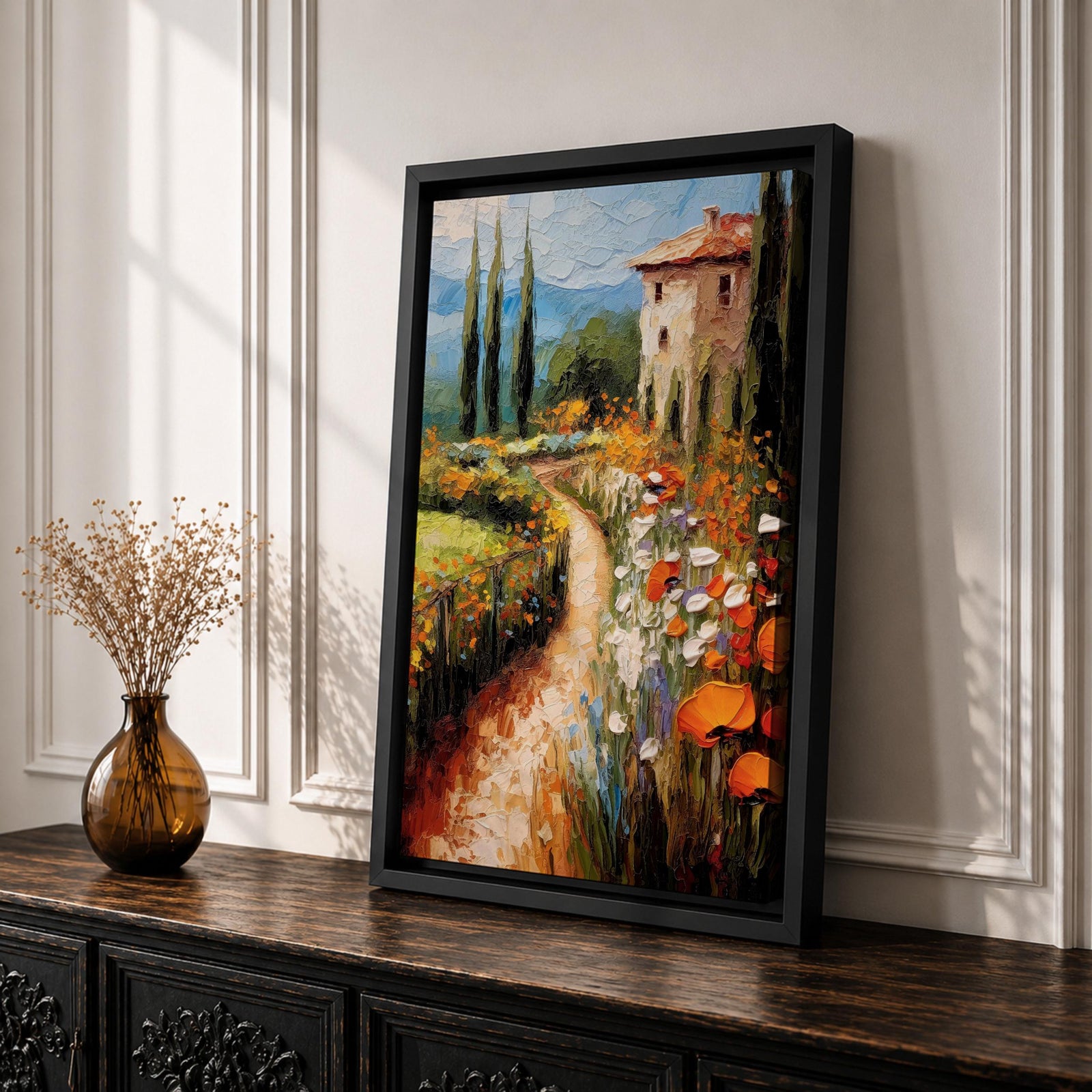 An impasto style painting depicting a winding path through a vibrant Italian countryside filled with tall cypress trees, colorful flowers, and a rustic villa with a terracotta roof, rendered with thick textured brushstrokes that emphasize the rich landscape and natural beauty.