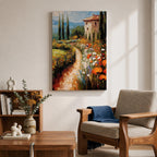 An impasto style painting depicting a winding path through a vibrant Italian countryside filled with tall cypress trees, colorful flowers, and a rustic villa with a terracotta roof, rendered with thick textured brushstrokes that emphasize the rich landscape and natural beauty.