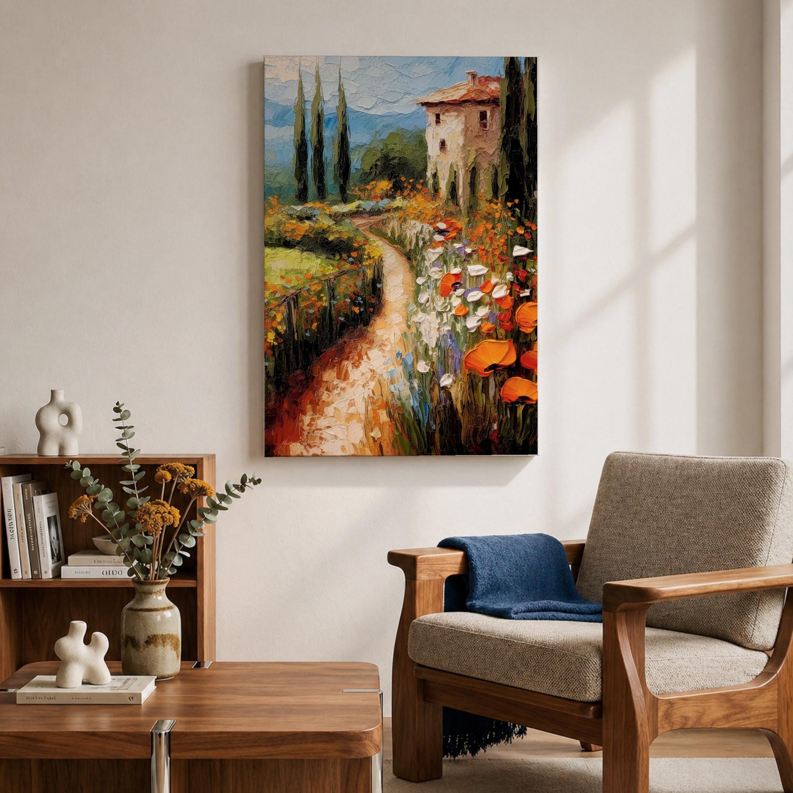 An impasto style painting depicting a winding path through a vibrant Italian countryside filled with tall cypress trees, colorful flowers, and a rustic villa with a terracotta roof, rendered with thick textured brushstrokes that emphasize the rich landscape and natural beauty.