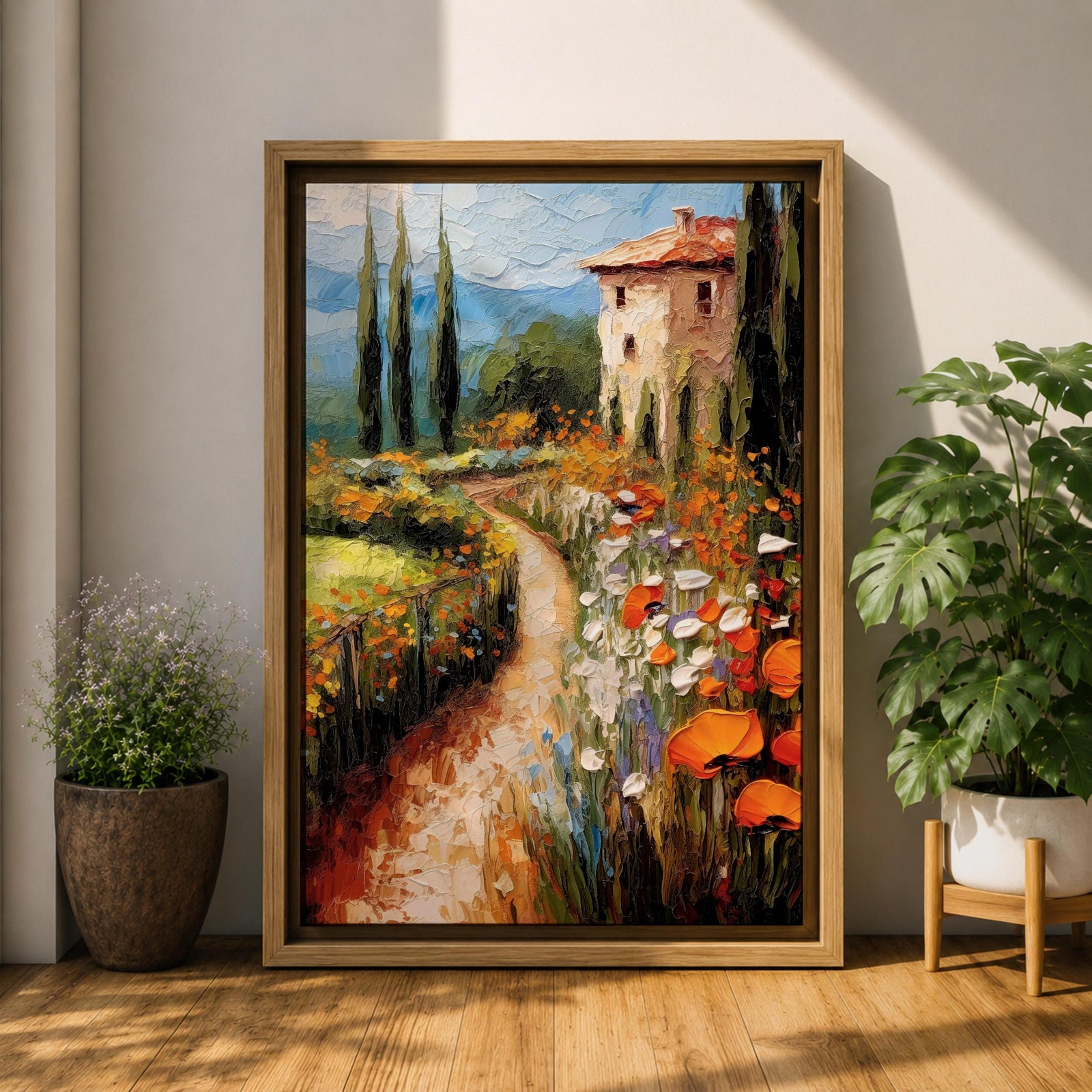 An impasto style painting depicting a winding path through a vibrant Italian countryside filled with tall cypress trees, colorful flowers, and a rustic villa with a terracotta roof, rendered with thick textured brushstrokes that emphasize the rich landscape and natural beauty.
