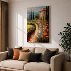 An impasto style painting depicting a winding path through a vibrant Italian countryside filled with tall cypress trees, colorful flowers, and a rustic villa with a terracotta roof, rendered with thick textured brushstrokes that emphasize the rich landscape and natural beauty.