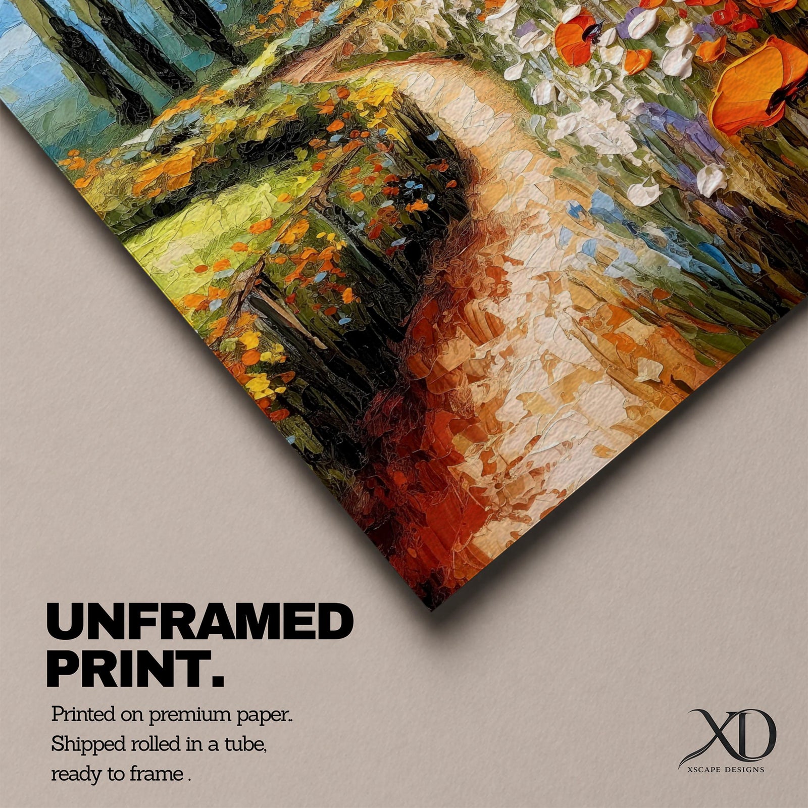 An impasto style painting depicting a winding path through a vibrant Italian countryside filled with tall cypress trees, colorful flowers, and a rustic villa with a terracotta roof, rendered with thick textured brushstrokes that emphasize the rich landscape and natural beauty.