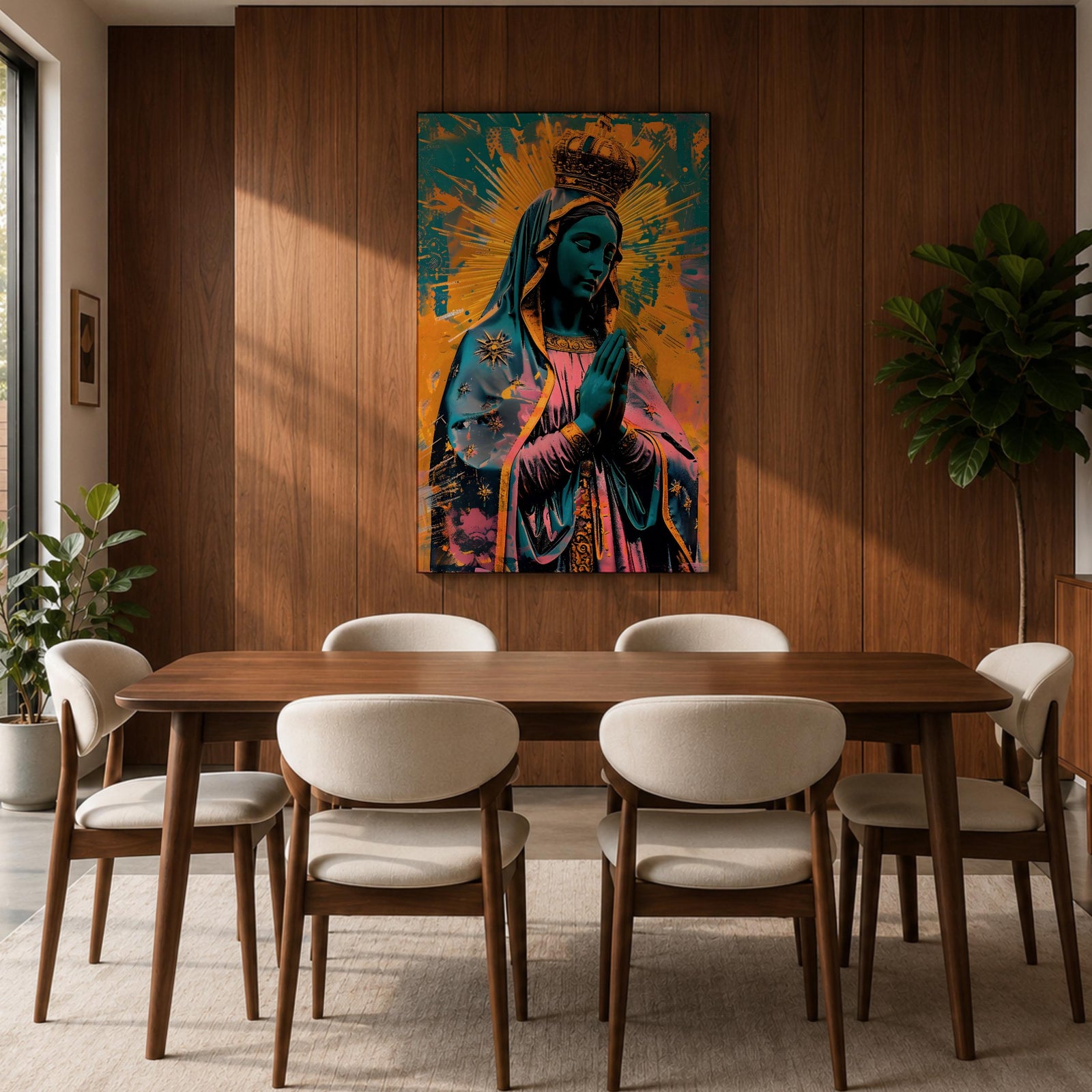 A vibrant pop art style depiction of Our Lady of Guadalupe featuring her iconic crowned figure with hands in prayer, radiant halo background, and detailed cloak adorned with stars, rendered in bold contrasting colors and modern graphic elements.