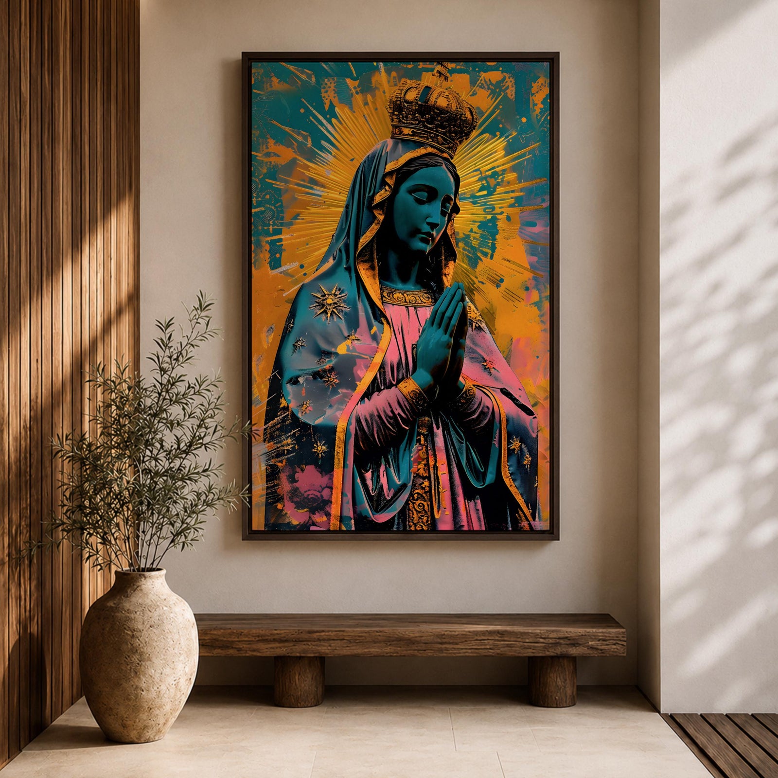 A vibrant pop art style depiction of Our Lady of Guadalupe featuring her iconic crowned figure with hands in prayer, radiant halo background, and detailed cloak adorned with stars, rendered in bold contrasting colors and modern graphic elements.