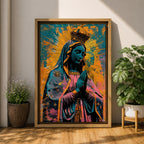 A vibrant pop art style depiction of Our Lady of Guadalupe featuring her iconic crowned figure with hands in prayer, radiant halo background, and detailed cloak adorned with stars, rendered in bold contrasting colors and modern graphic elements.