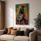 A vibrant pop art style depiction of Our Lady of Guadalupe featuring her iconic crowned figure with hands in prayer, radiant halo background, and detailed cloak adorned with stars, rendered in bold contrasting colors and modern graphic elements.