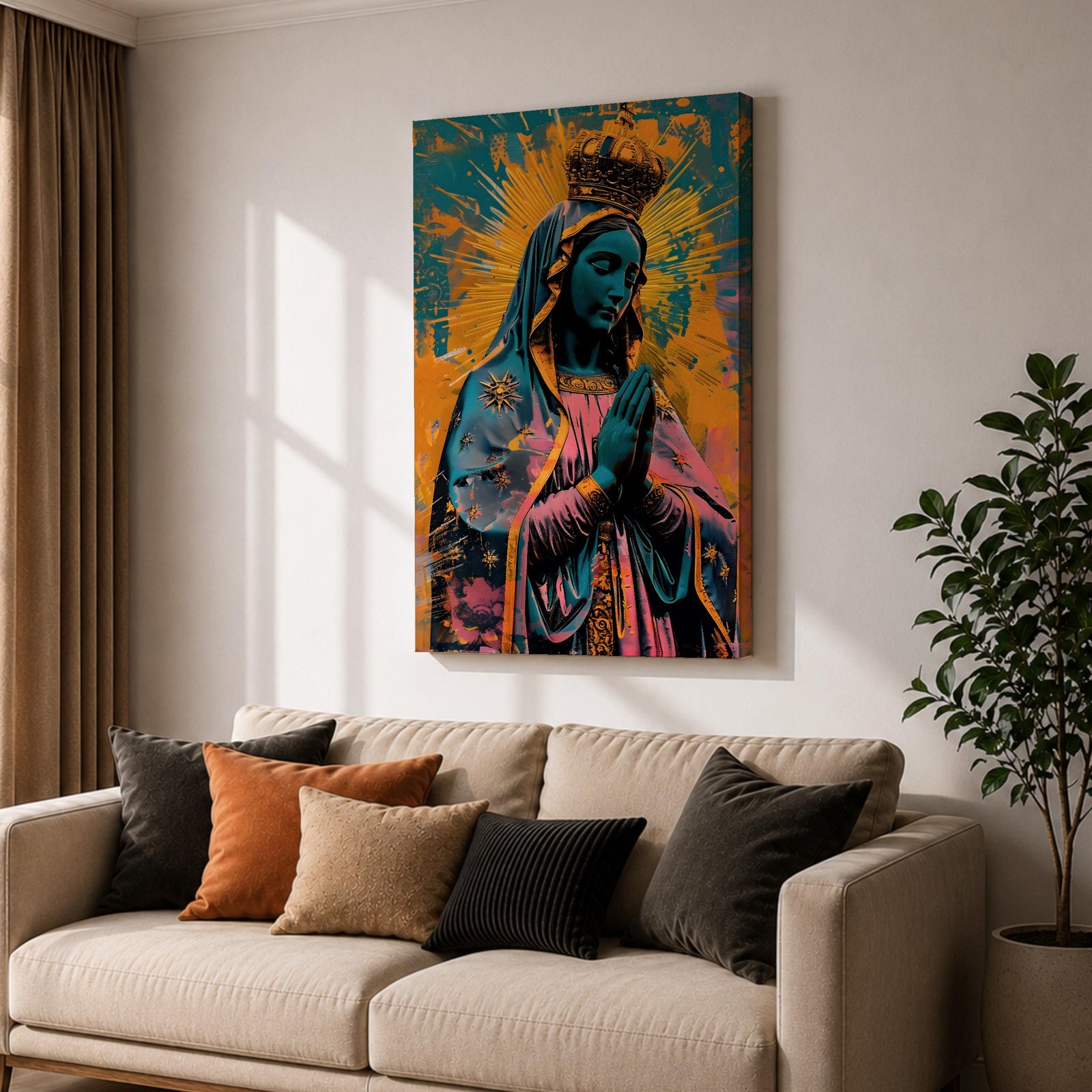 A vibrant pop art style depiction of Our Lady of Guadalupe featuring her iconic crowned figure with hands in prayer, radiant halo background, and detailed cloak adorned with stars, rendered in bold contrasting colors and modern graphic elements.